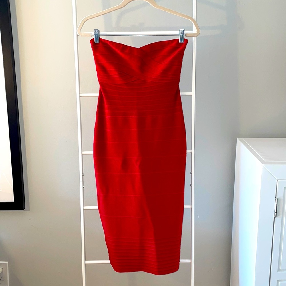 Herve Leger strapless red bandage dress SM.